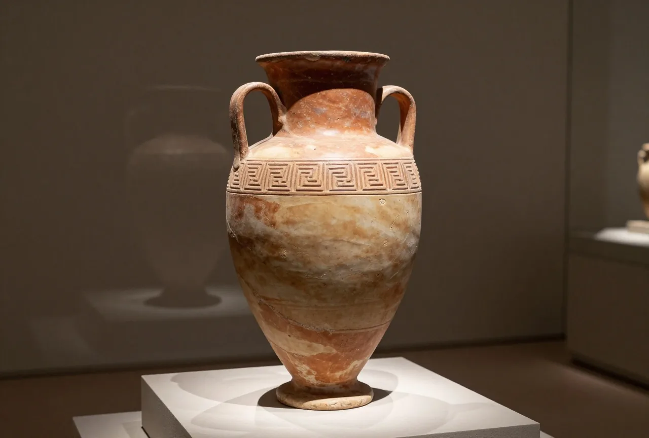 Ein antiker griechischer Tonkrug mit geometrischen Ornamentbändern steht auf einem Steinsockel im Licht eines Strahlers