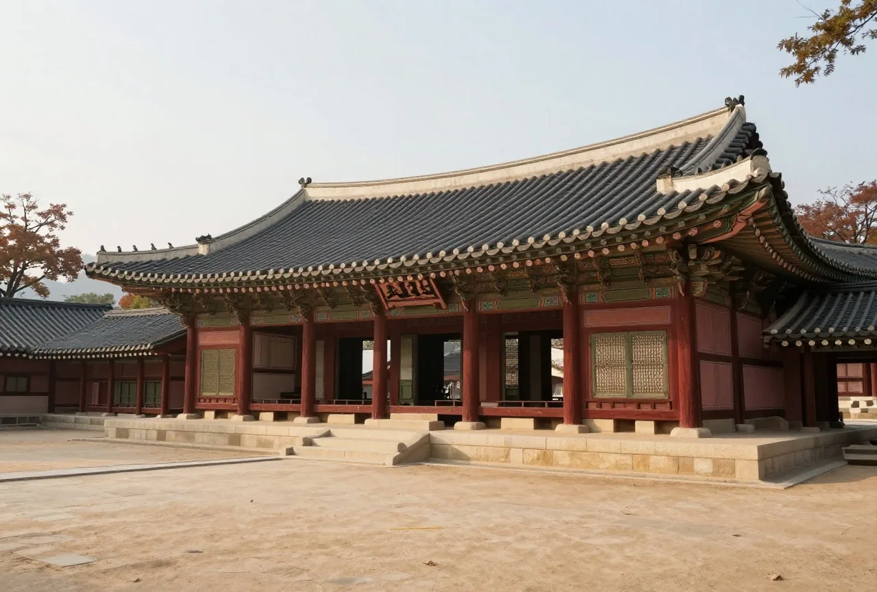 Eine traditionelle koreanische Palasthalle mit roten Holzsäulen und geschwungenem Ziegeldach über einem leeren Steinhof