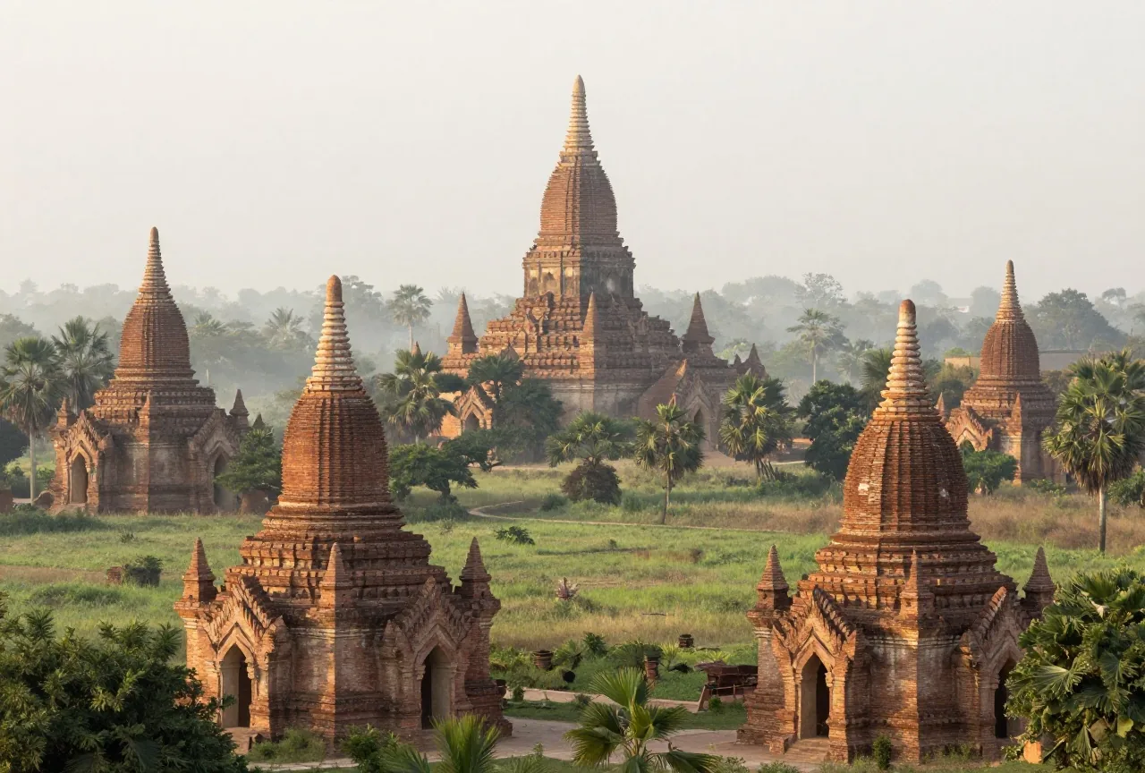 Hunderte alter Stupas aus Backstein auf einer weiten grünen Ebene bei Sonnenaufgang im leichten Nebel