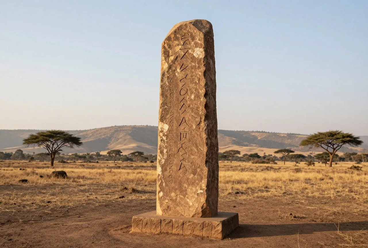 Eine hohe verwitterte Granitstele steht auf einem trockenen Feld im äthiopischen Hochland bei Sonnenaufgang