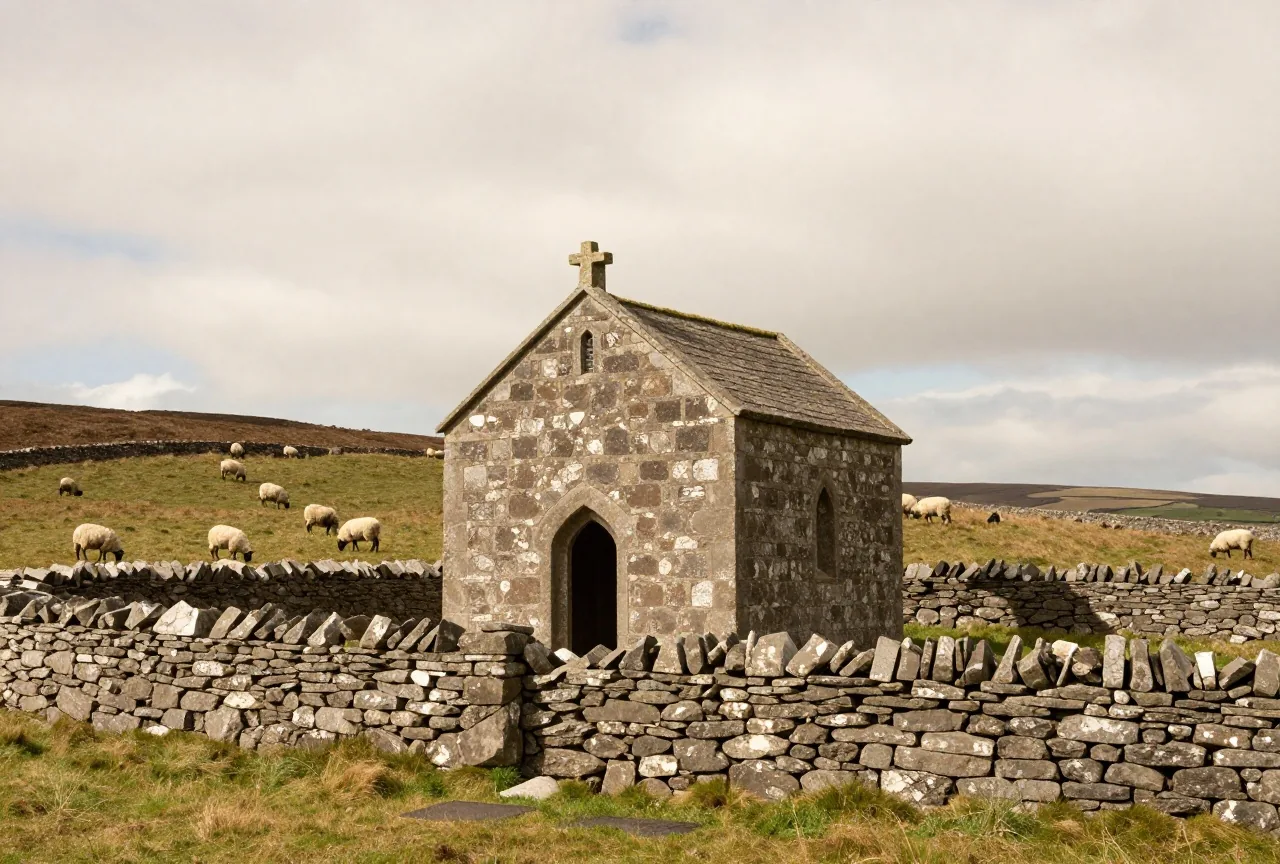 Eine kleine frühmittelalterliche Steinkapelle auf einem grünen Hügel in Irland unter bewölktem Himmel