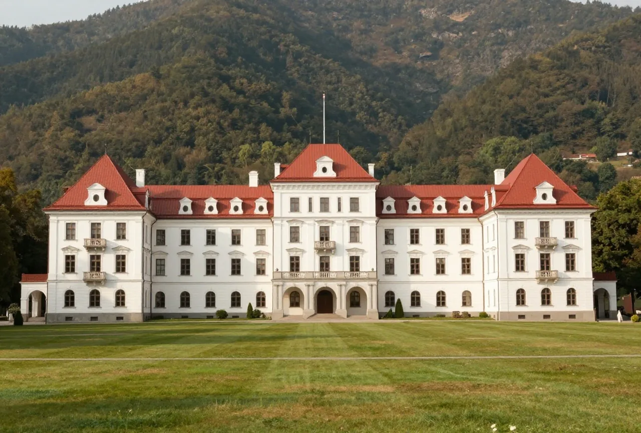 Ein großes weißes Hotel mit rotem Dach in einem grünen Tal vor bewaldeten Bergen an einem Sommernachmittag