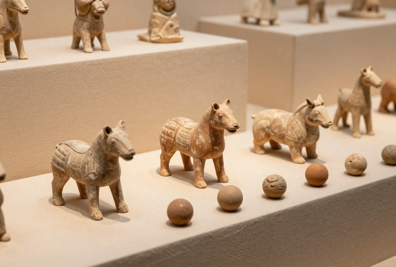 Kleine antike Tierfiguren aus Terrakotta auf Rädern und Tonkugeln auf einem sandigen Steinsims im Nachmittagslicht