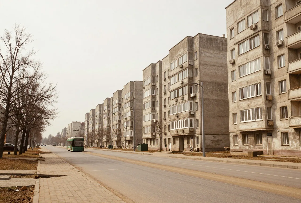 Ein breiter Boulevard mit gleichförmigen Plattenbauten, kahlen Bäumen und einer einzelnen Straßenbahn in der Ferne