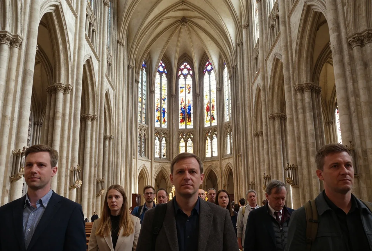 Das Mittelschiff einer gotischen Kathedrale mit Spitzbögen, Rippengewölbe und farbigem Licht aus hohen Fenstern