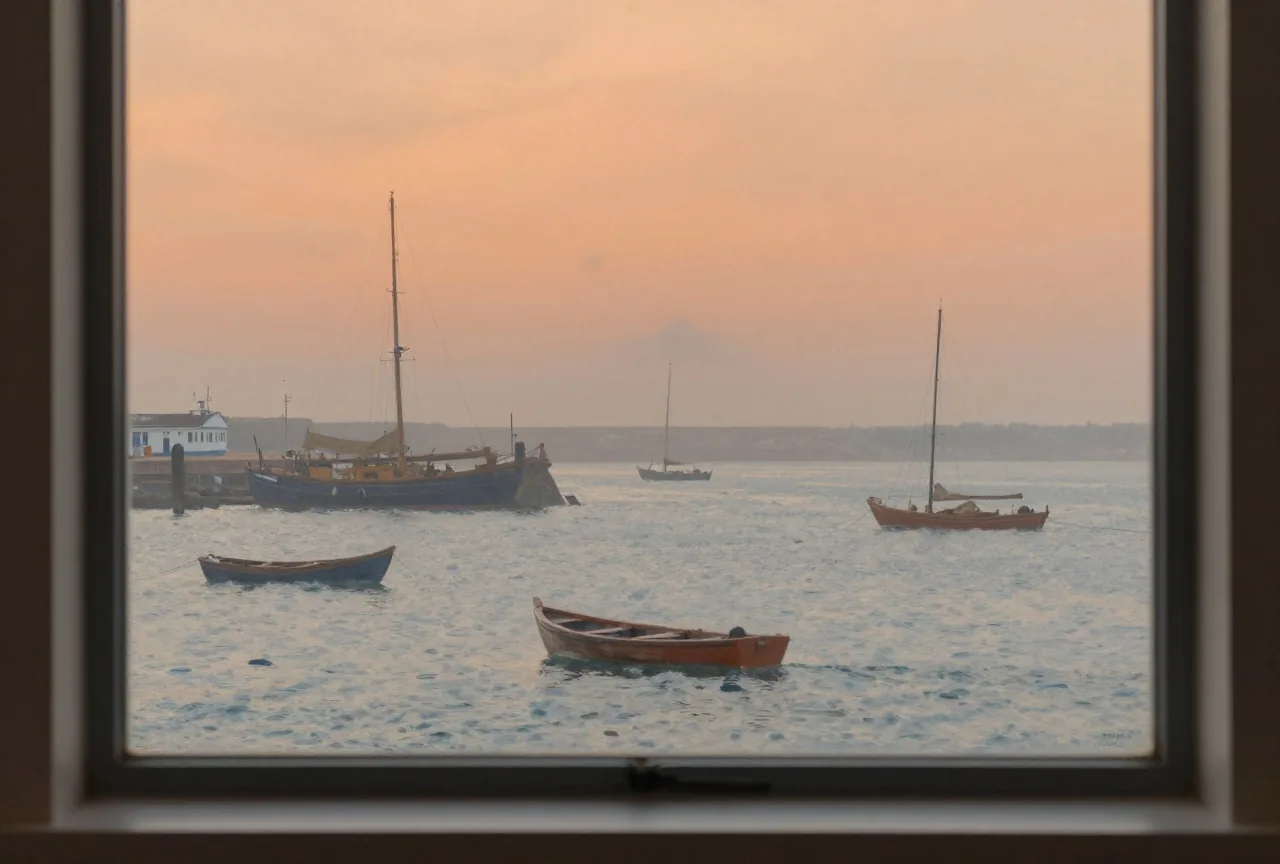 Ein Hafen bei Sonnenaufgang mit orangem Himmel und kleinen Ruderbooten im Stil impressionistischer Malerei