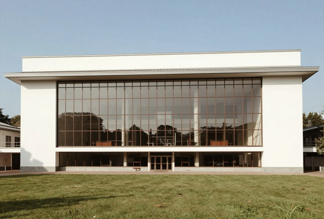 Ein weißes Gebäude der Moderne aus den 1920er Jahren mit großer Glasfassade und Flachdach