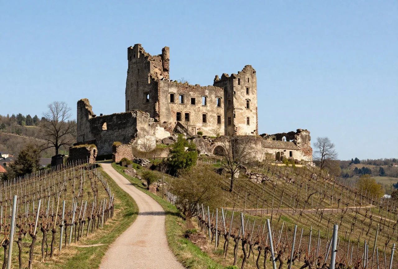Eine Burgruine auf einem bewaldeten Hügel über Weinbergen in der Pfalz an einem klaren Frühlingstag