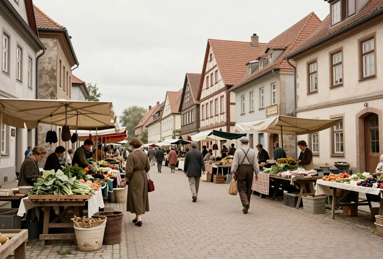 Eine Marktstraße in einer deutschen Kleinstadt der frühen 1950er Jahre mit Ständen für Gemüse und Stoffe