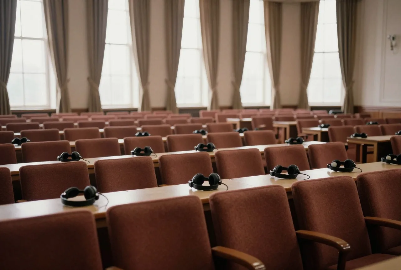 Ein großer Konferenzsaal mit leeren Polstersitzen und Dolmetscherkopfhörern auf den Pulten, dahinter schwere Vorhänge
