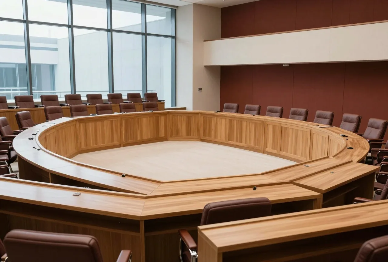 Ein leerer Gerichtssaal mit langer geschwungener Richterbank aus hellem Holz und einer Glasfassade