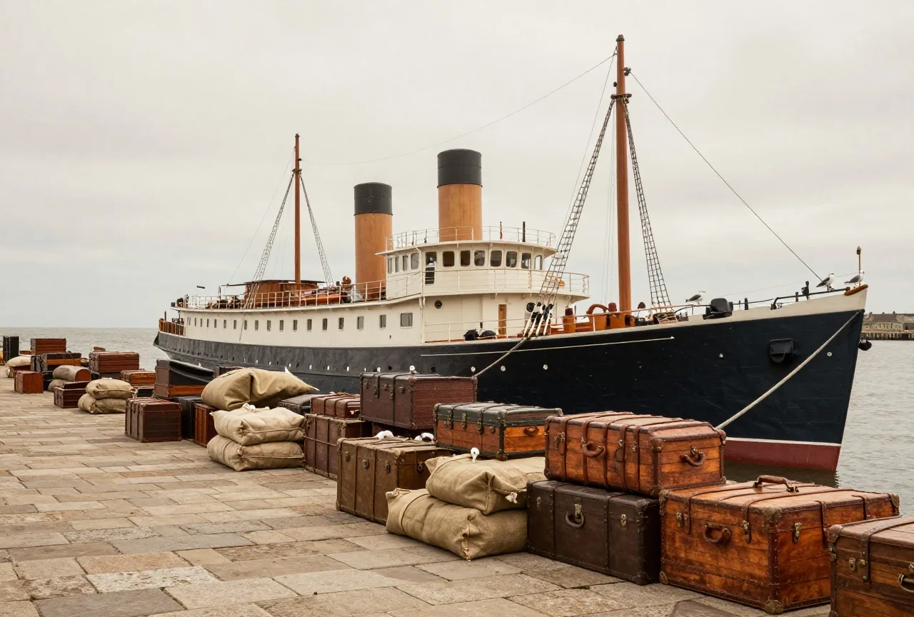 Ein Dampfschiff liegt an einer steinernen Hafenmauer, davor stapeln sich Holzkoffer und Leinensäcke
