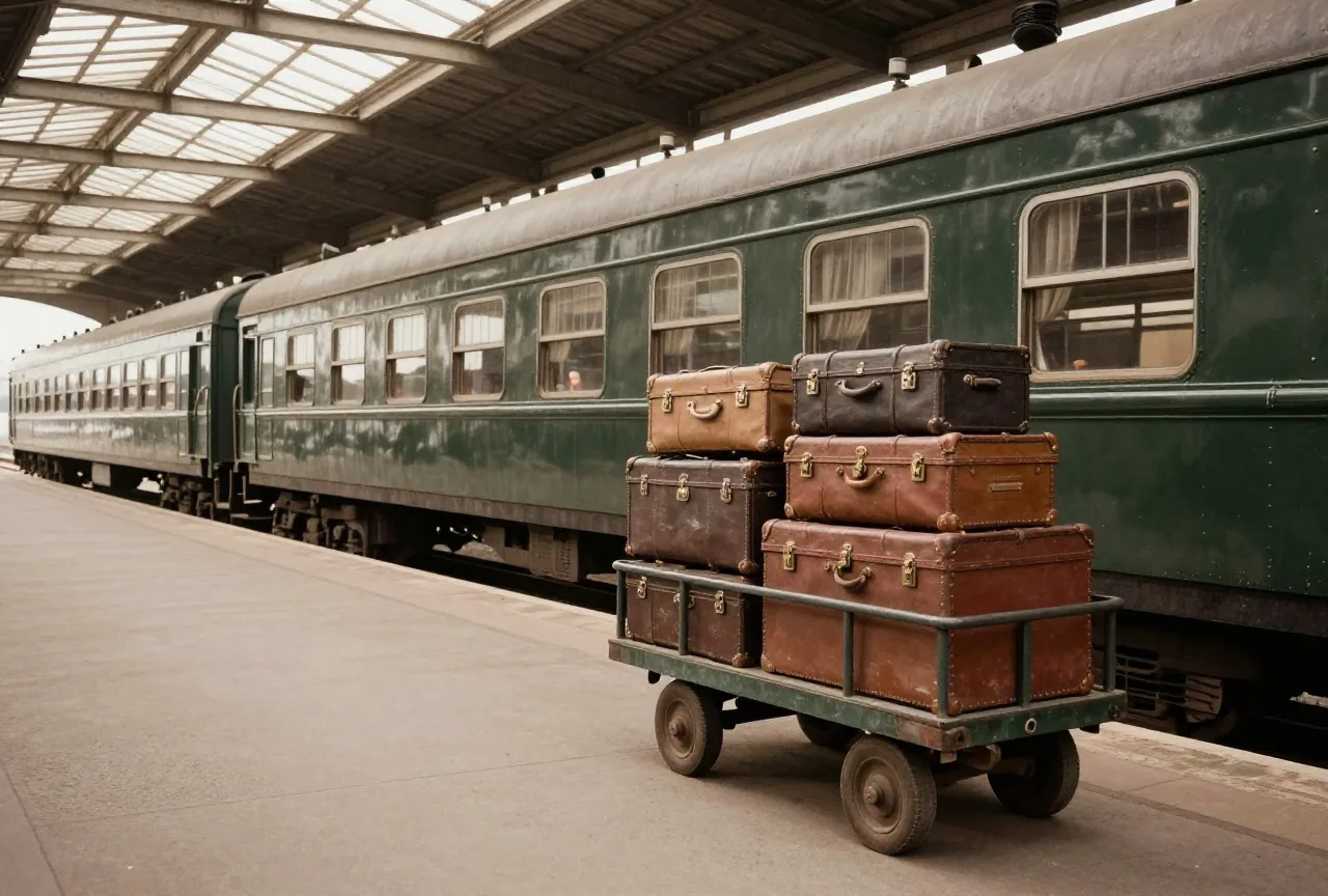 Ein Bahnsteig der frühen 1960er-Jahre mit langem Personenzug und einem Gepäckwagen voller alter Koffer