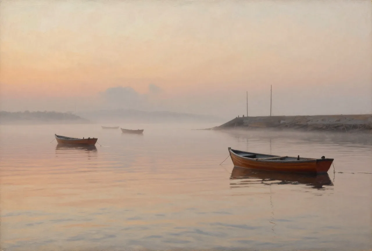 Ein kleiner Hafen bei Sonnenaufgang im Dunst mit Ruderbooten, in lockeren sichtbaren Pinselstrichen gemalt