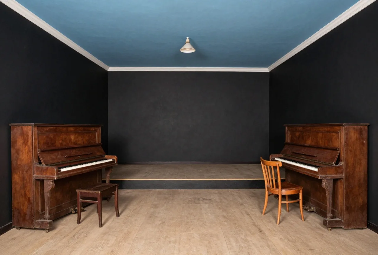 Ein kleiner dunkler Kabarettraum mit blauer Decke, schwarzen Wänden, Klavier, Holzstühlen und schmaler Bühne