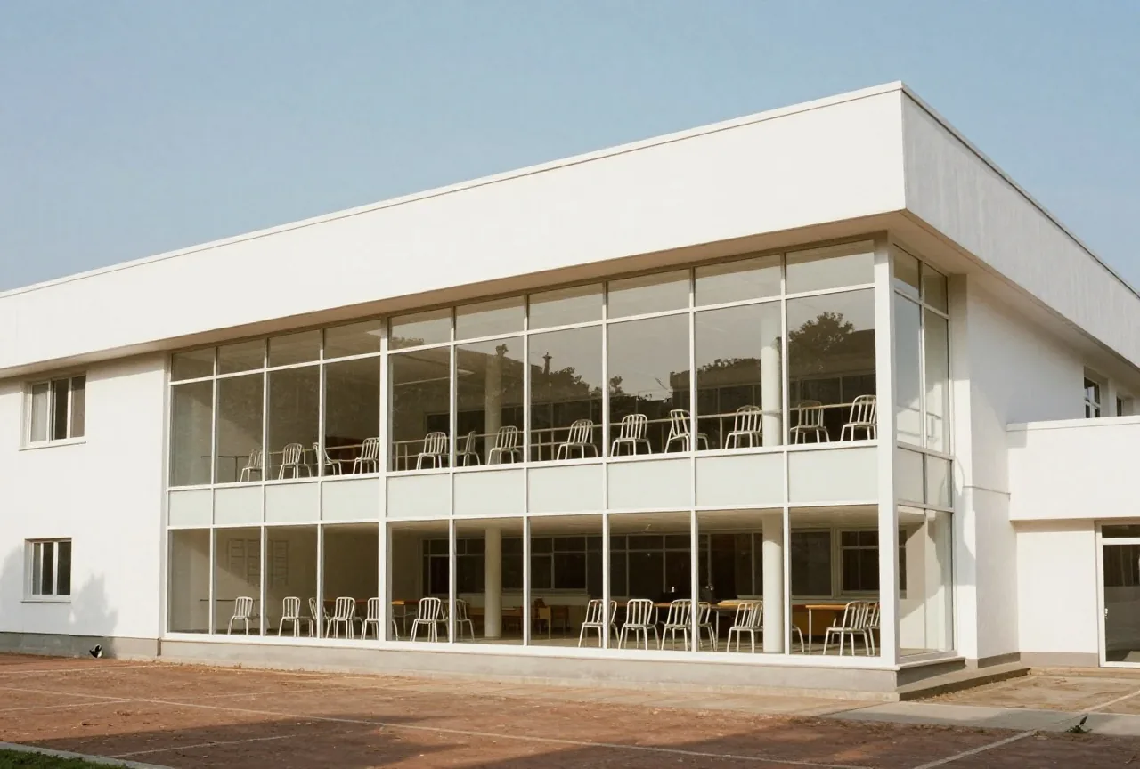 Ein weißer Bau der Moderne mit großer Glasfassade und Flachdach, dahinter Stahlrohrstühle in einem hellen Raum