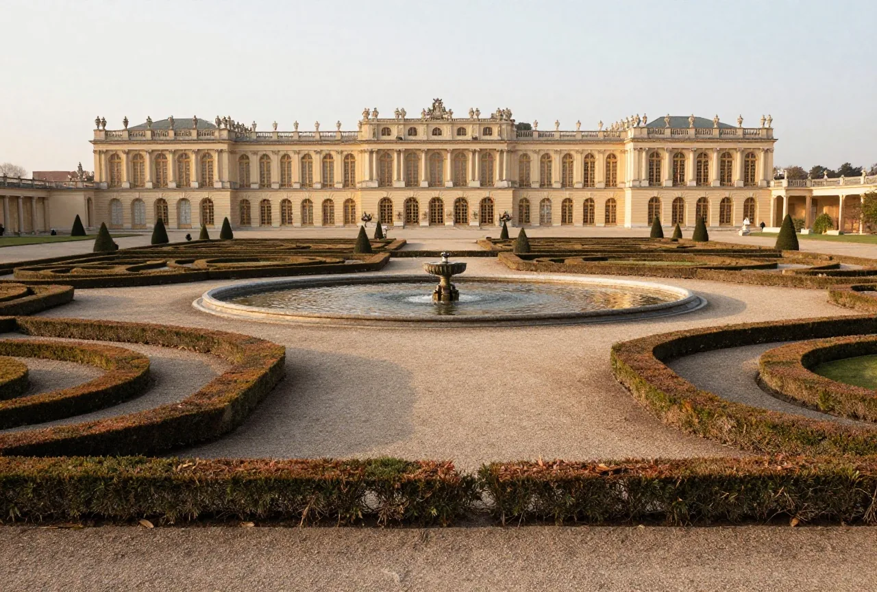 Ein weitläufiger Schlossgarten im Morgenlicht mit geschnittenen Hecken, Kieswegen, Brunnenbecken und langer Schlossfassade