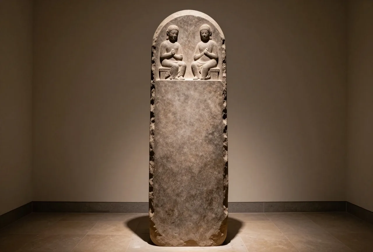 Eine hohe dunkle Basaltstele mit Relief an der Spitze steht allein in einer dämmrigen Museumshalle im Lichtkegel