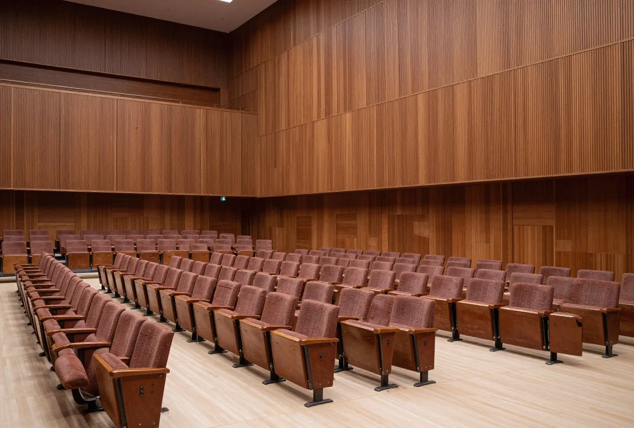 Ein weiter leerer moderner Versammlungssaal mit geschwungenen Sitzreihen und hoher holzverkleideter Wand im kühlen Tageslicht