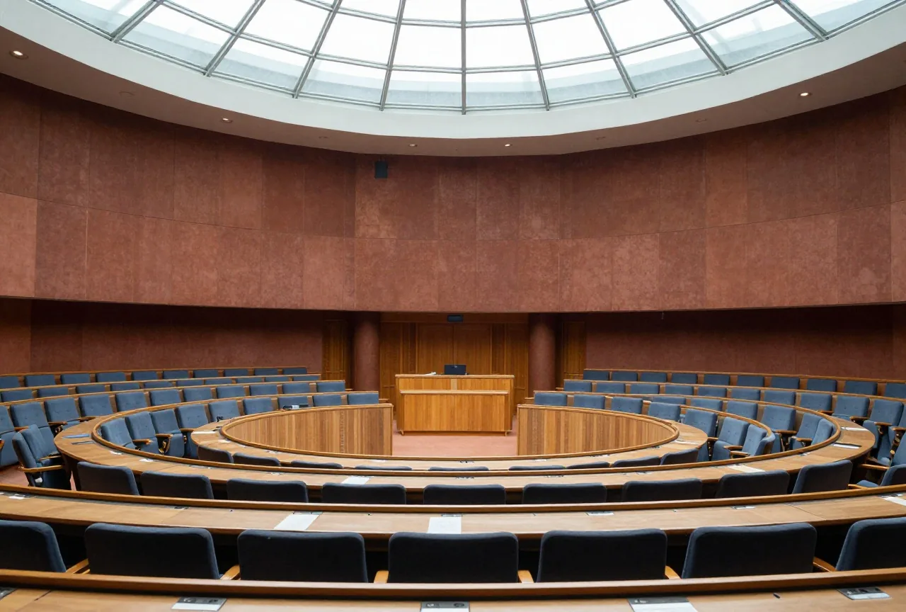 Ein leerer moderner Plenarsaal mit Reihen blauer Sitze unter einer Glaskuppel im Tageslicht