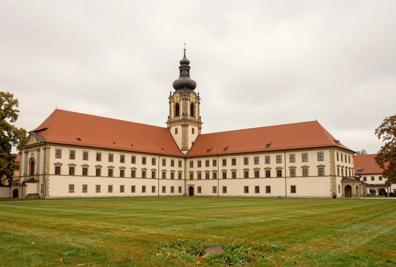 Eine große barocke Klosteranlage mit Zwiebelturm hinter grünen Wiesen unter bedecktem Herbsthimmel
