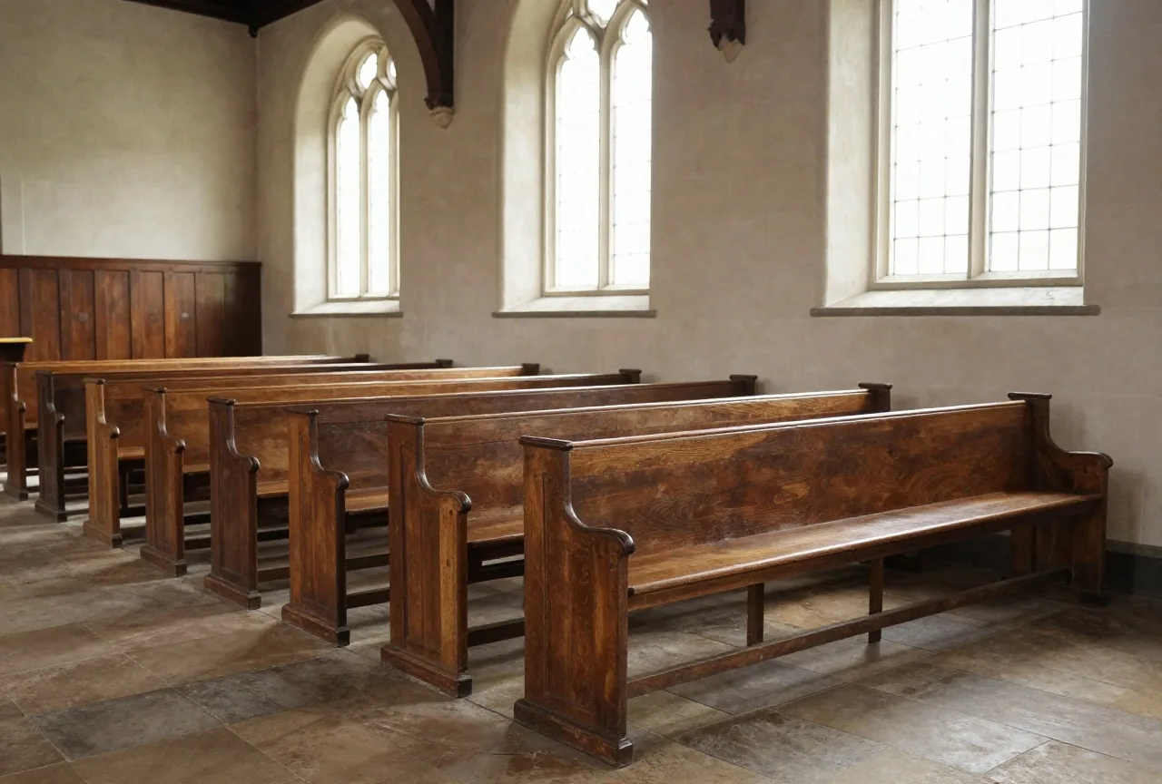 Das Innere einer stillen Dorfkirche mit leeren Holzbänken, Licht fällt durch hohe klare Fenster auf den Steinboden