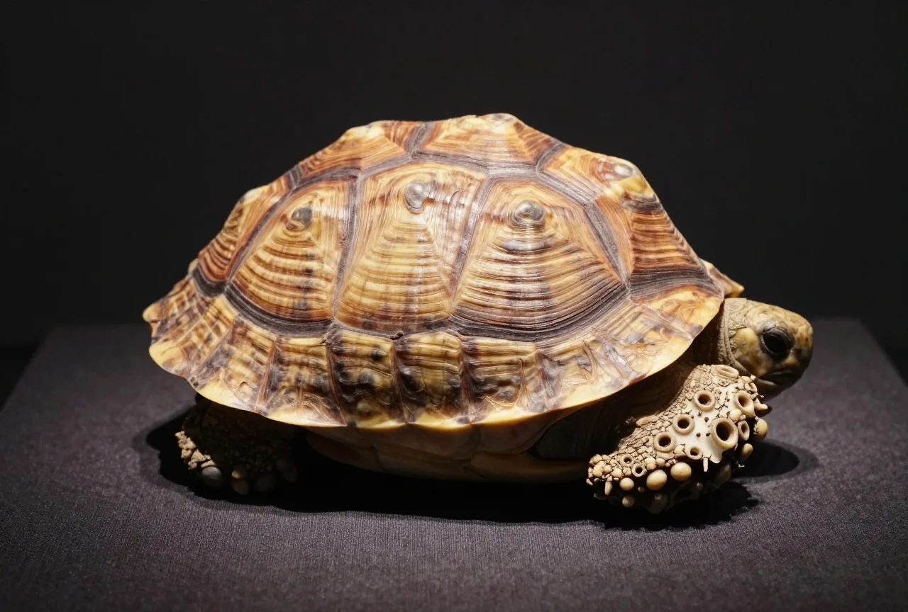 Ein Schildkrötenpanzer und ein Rinderschulterblatt mit gebohrten Mulden und feinen Rissen auf dunklem Stoff