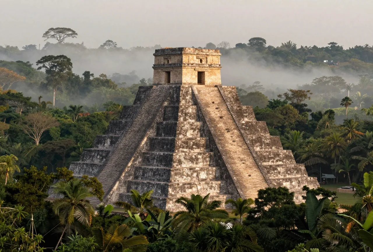 Eine gestufte Pyramide aus Kalkstein ragt bei Sonnenaufgang über dichten tropischen Regenwald mit Nebel