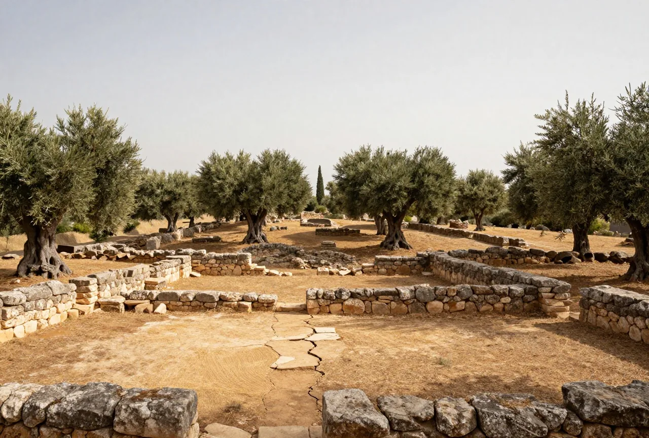 Steinruinen eines römischen Landguts zwischen alten Olivenbäumen an einem Hang im warmen Nachmittagslicht
