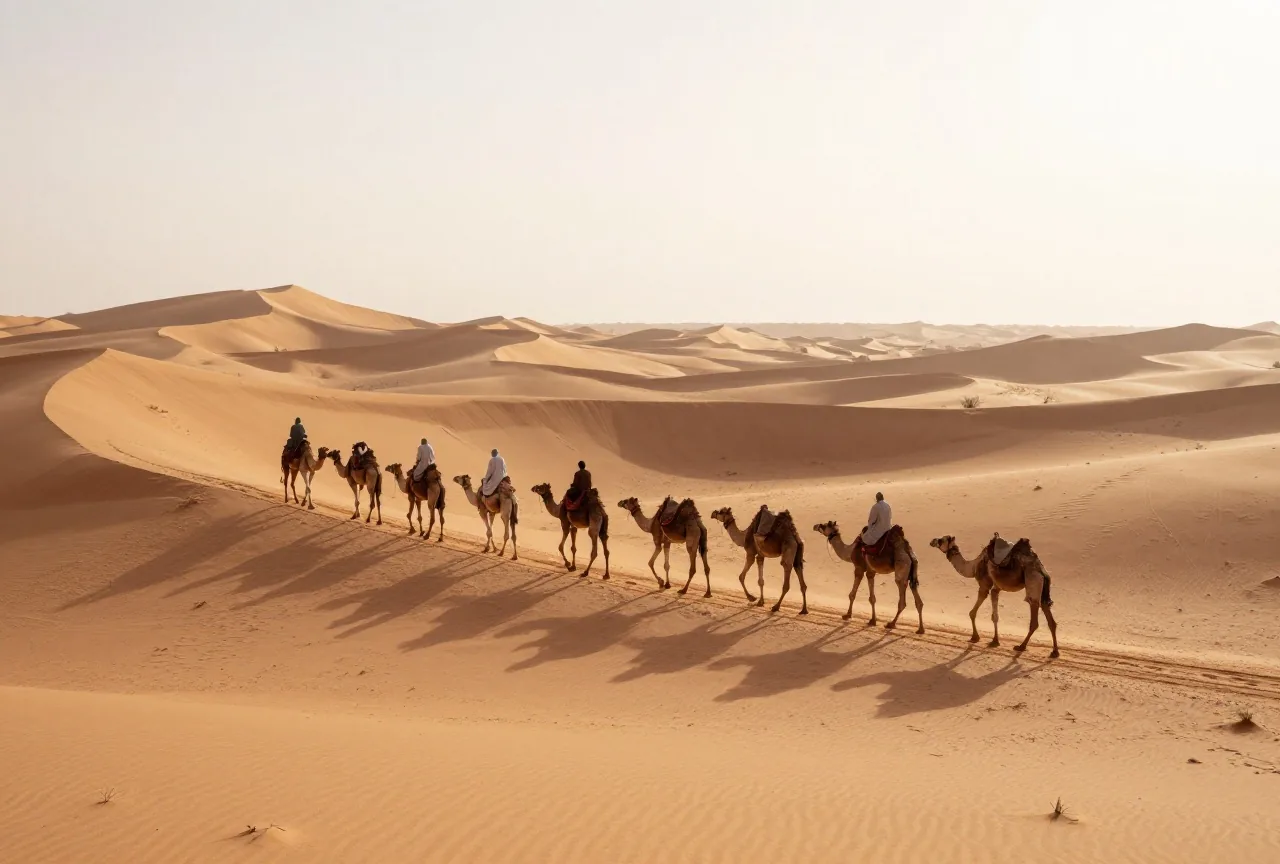 Eine Kamelkarawane zieht bei Sonnenaufgang durch goldene Sanddünen, die Reiter sind aus der Ferne zu sehen