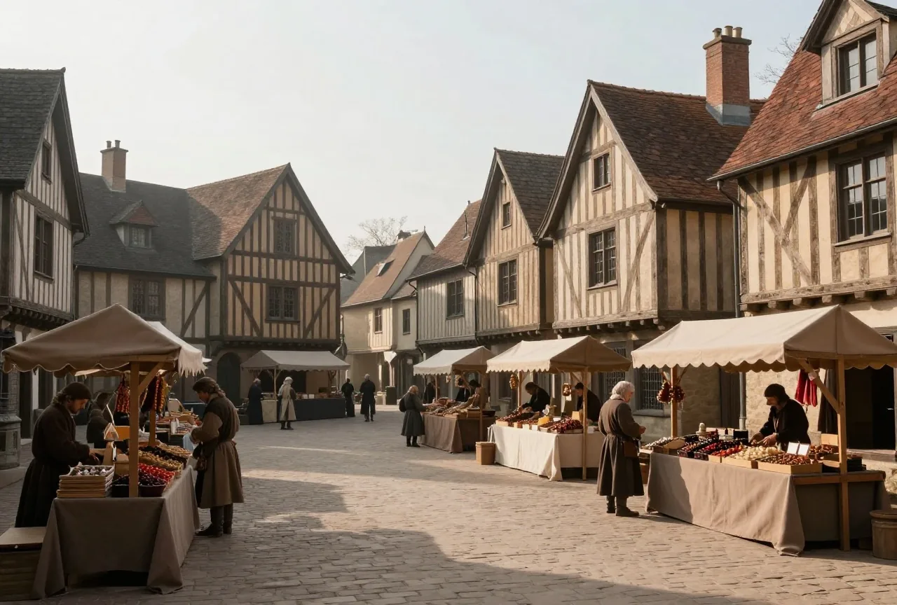 Ein mittelalterlicher Marktplatz mit Fachwerkhäusern und überdachten Ständen voller Gewürze und Stoffe am Morgen