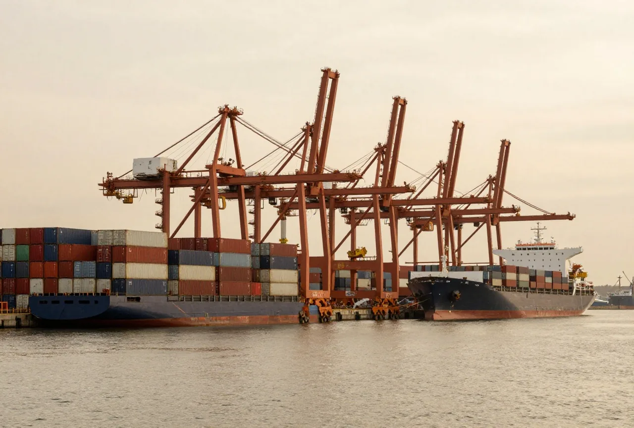 Ein großer Containerhafen in der Abenddämmerung mit gestapelten Containern, Kränen und einem Frachtschiff
