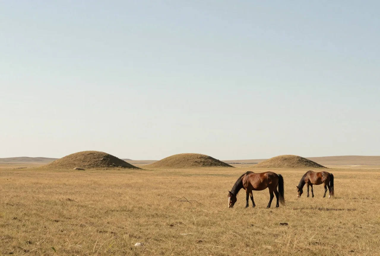Eine offene Grassteppe unter weitem Sommerhimmel, am Horizont flache Grabhügel und zwei grasende Pferde