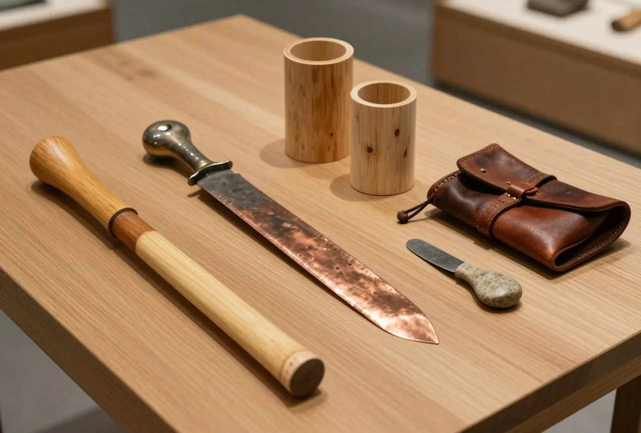 Nachbildungen einer Ausrüstung aus der Kupferzeit mit Kupferbeil, zwei Gefäßen aus Birkenrinde, Ledertasche und Steinschaber