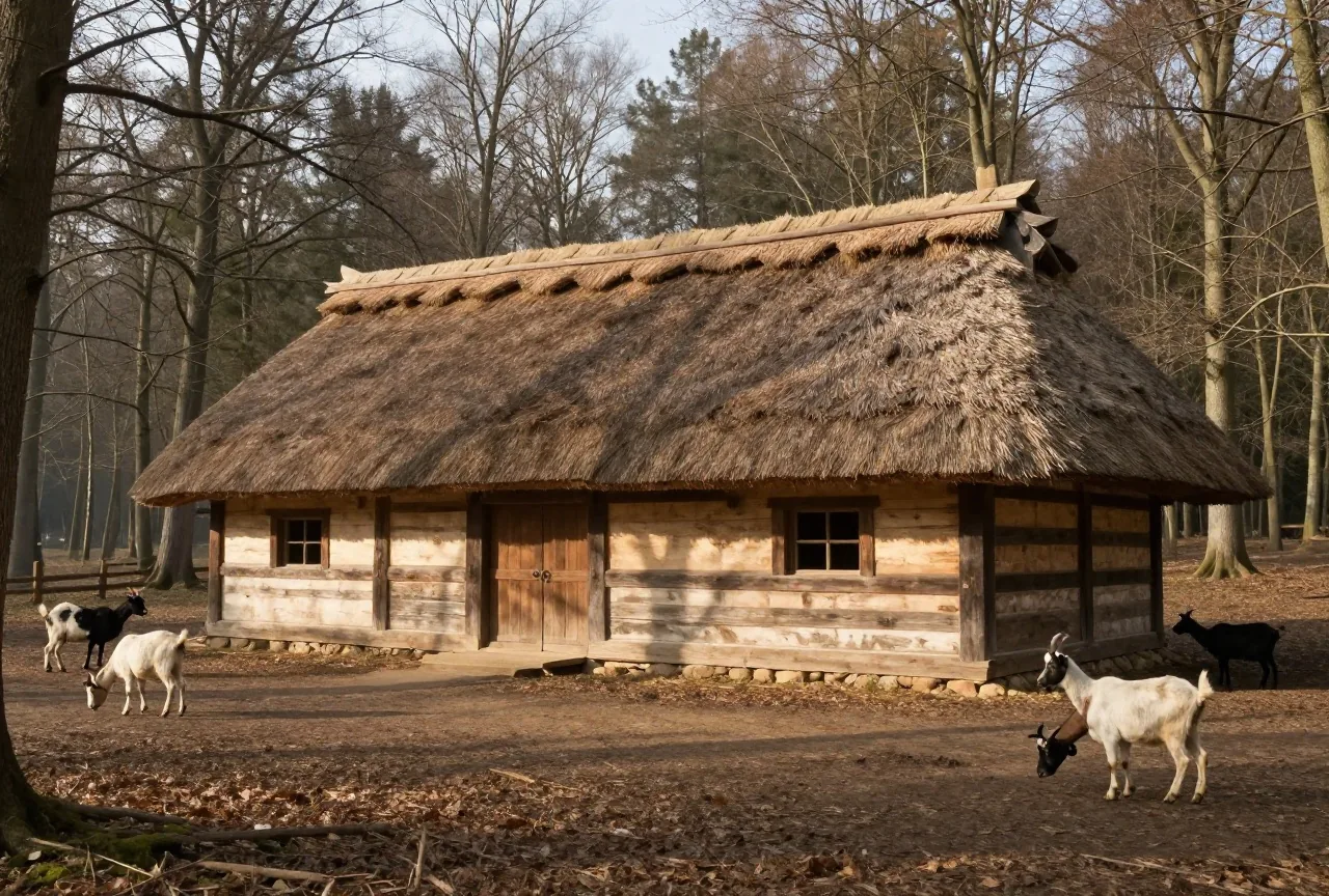 Ein nachgebautes jungsteinzeitliches Langhaus aus Holz mit Strohdach am Rand einer Waldlichtung, davor Ziegen
