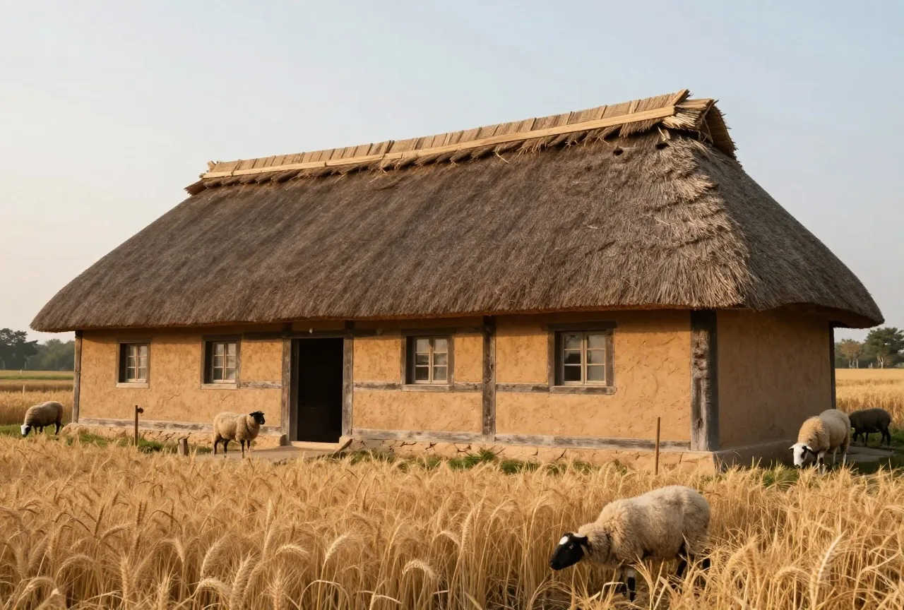 Ein nachgebautes Langhaus aus Holz mit Strohdach neben einem kleinen reifen Getreidefeld, daneben grasende Schafe im Abendlicht