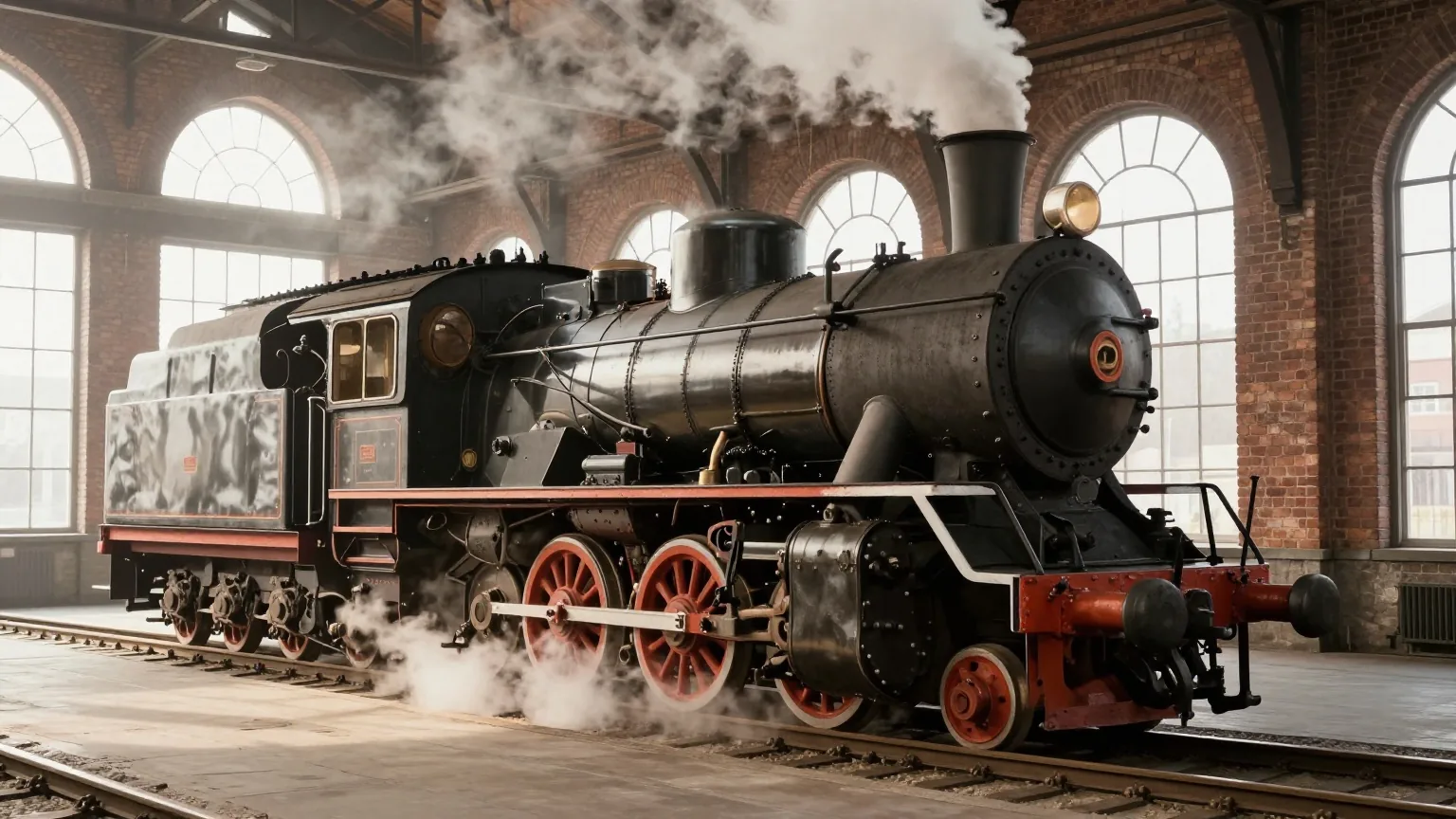 Eine Dampflokomotive des 19. Jahrhunderts steht in einer alten Bahnhofshalle aus Backstein im Morgenlicht