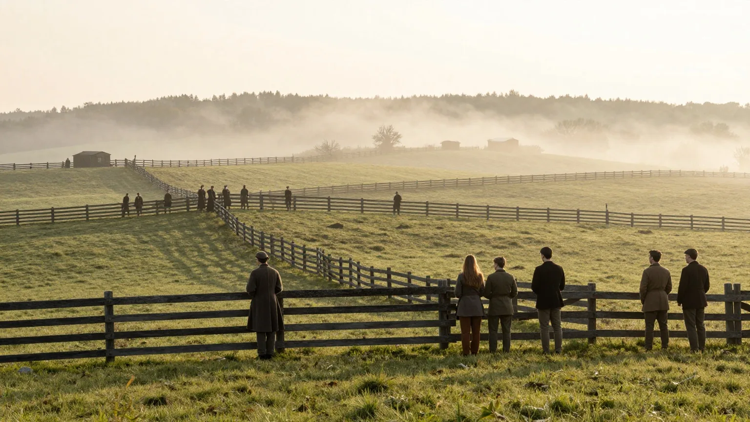 Eine hügelige Wiesenlandschaft in Pennsylvania bei Sonnenaufgang mit Holzzaun und Morgennebel über den Feldern