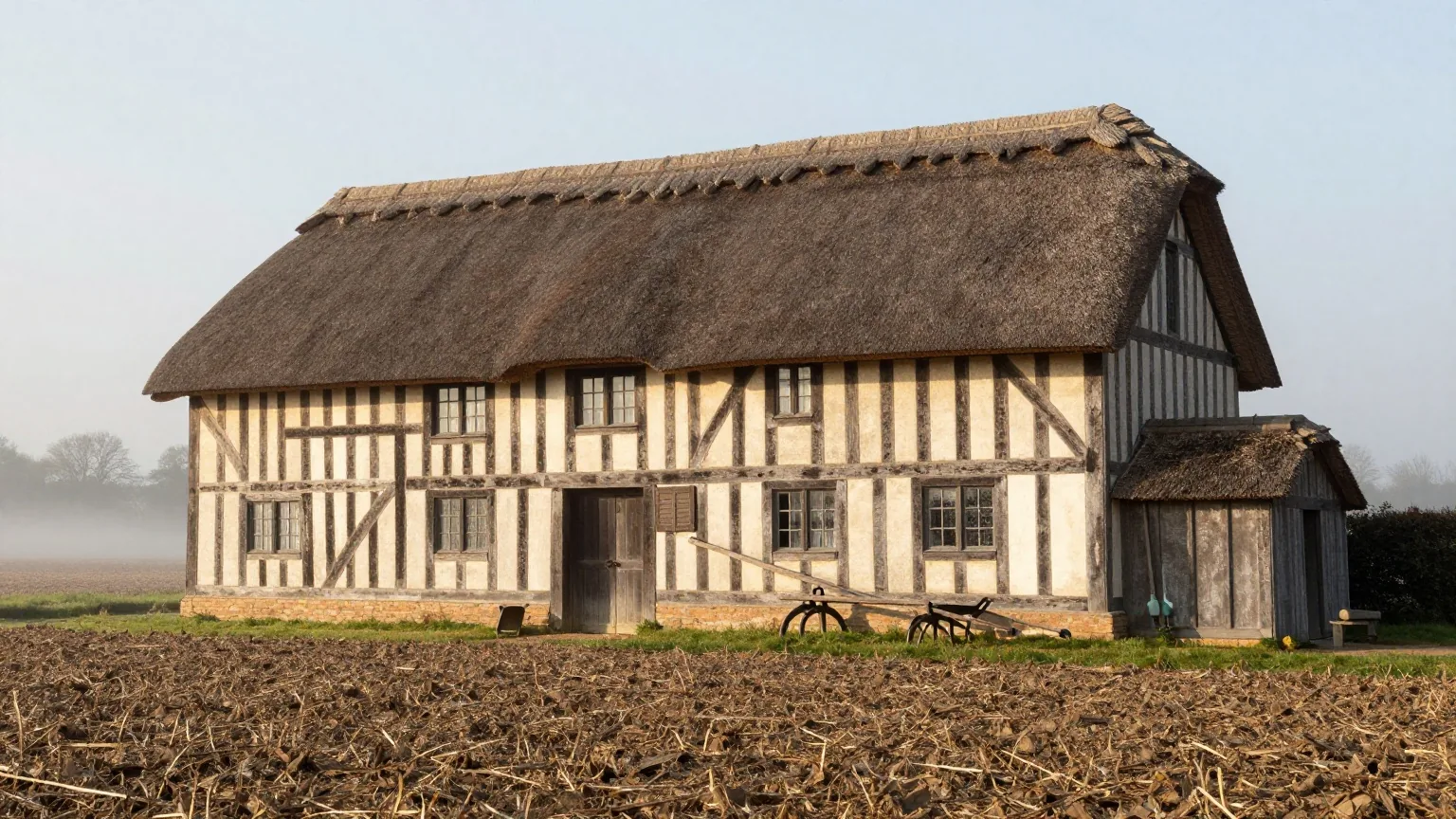 Ein altes Fachwerkbauernhaus mit Reetdach am Rand eines gepflügten Feldes, ein Holzpflug lehnt an der Scheune