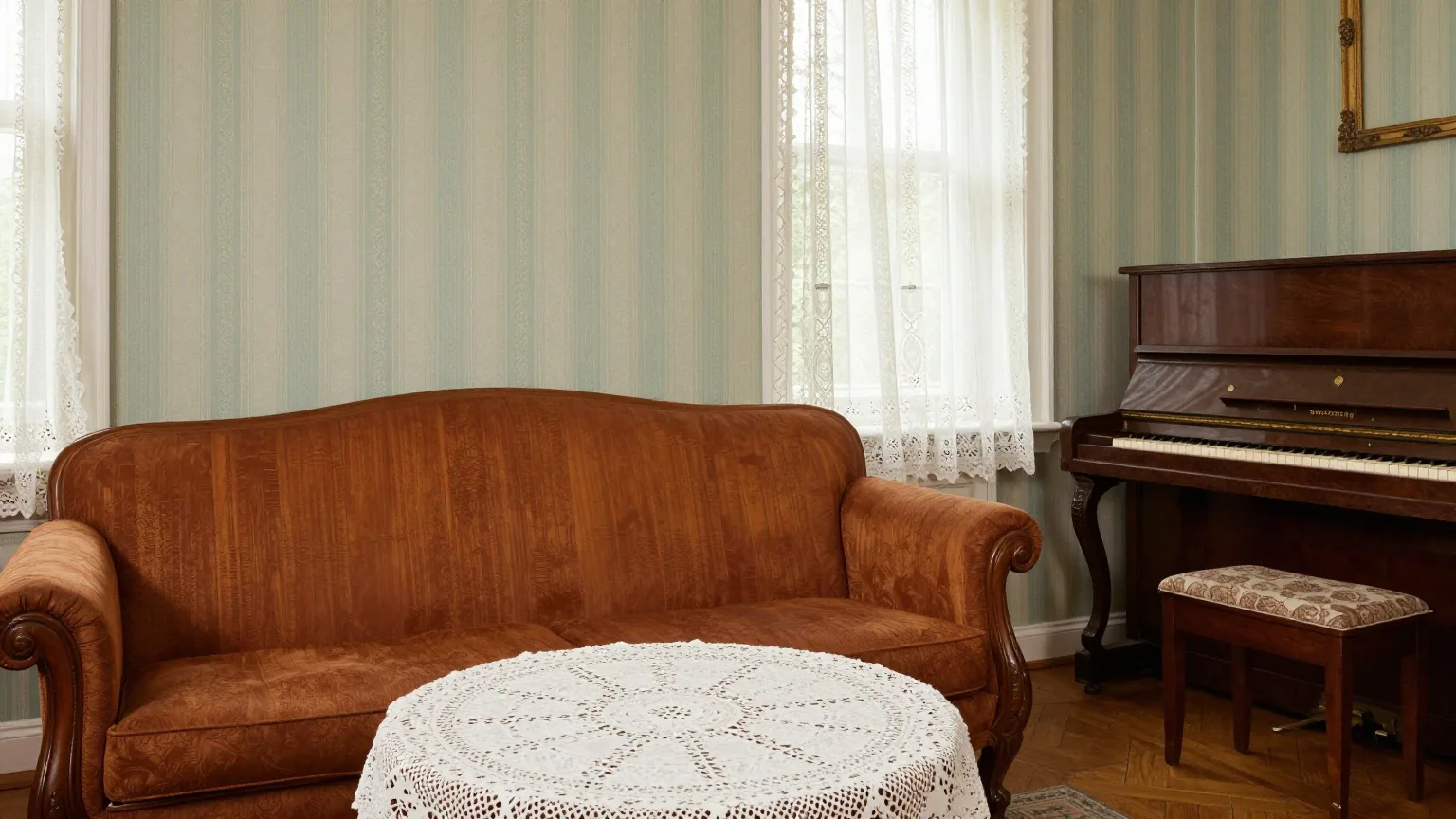Ein Wohnzimmer des frühen 19. Jahrhunderts mit Kirschholzsofa, rundem Tisch, gestreifter Tapete und kleinem Klavier
