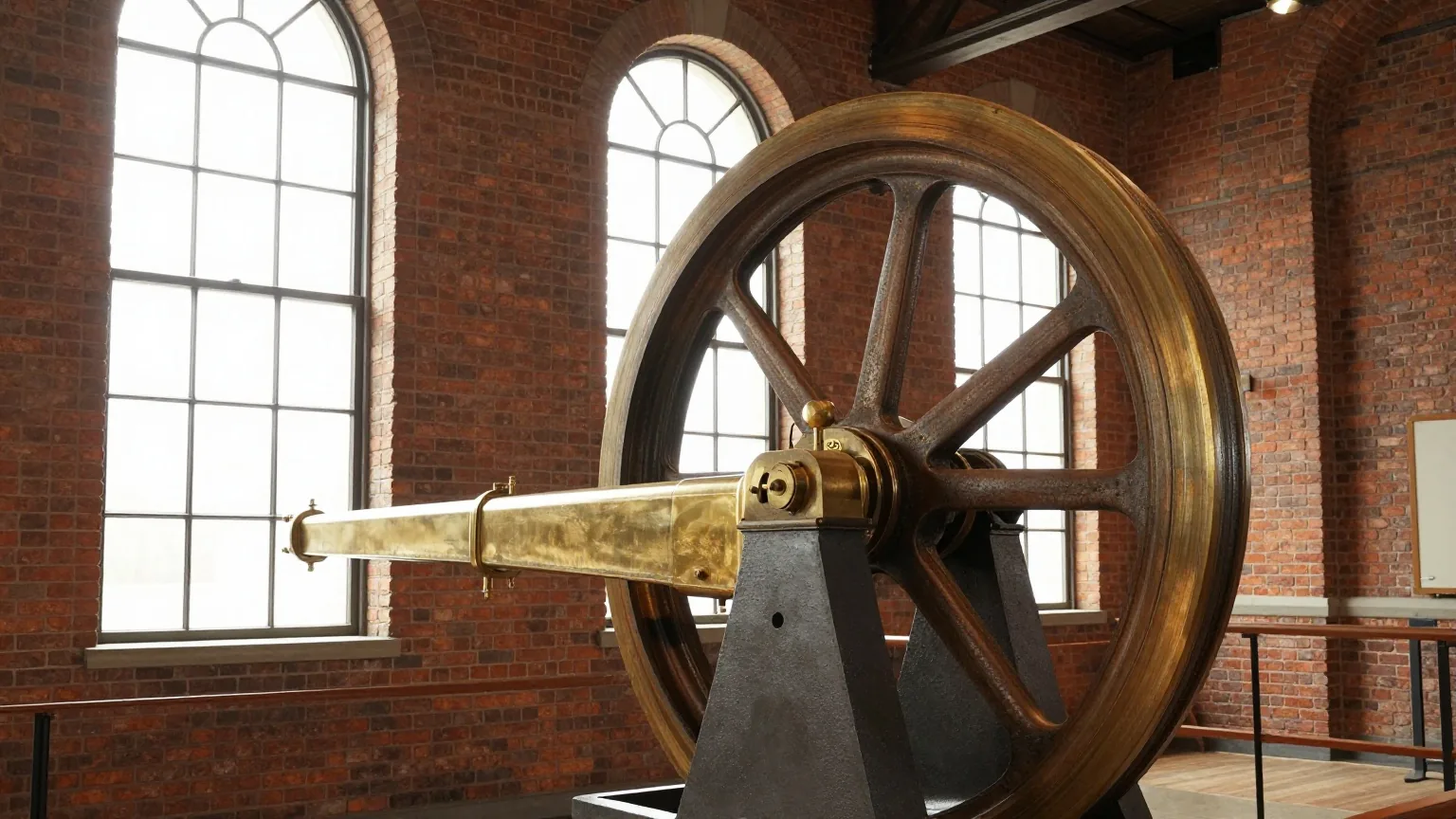 Eine große historische Balancier-Dampfmaschine mit Schwungrad in einem hohen Maschinenhaus aus Backstein