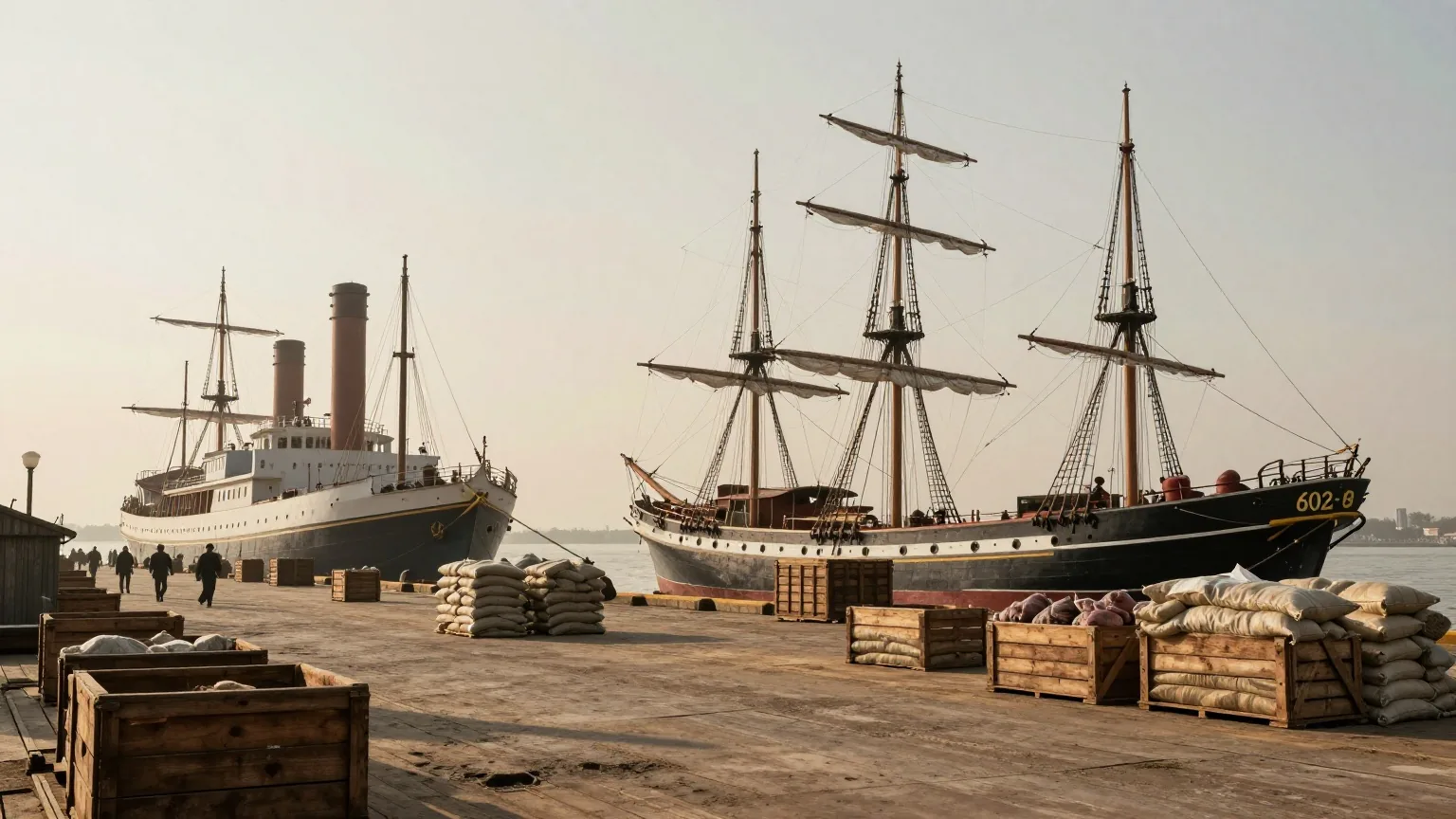 Ein Hafen des späten 19. Jahrhunderts mit Dampfschiffen und Segelschiffen, Kisten und Säcke auf dem Kai