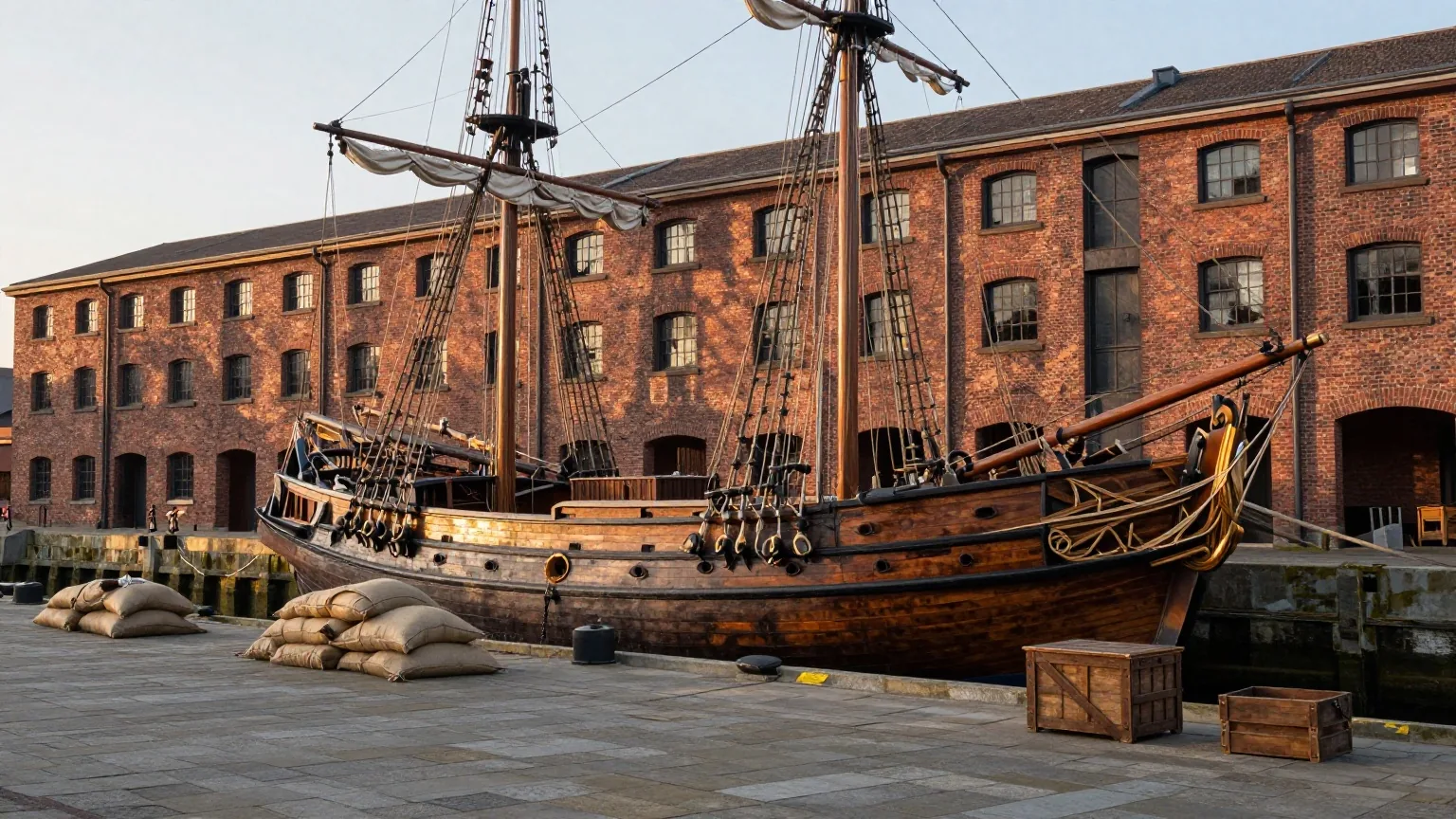 Ein altes hölzernes Segelschiff liegt an einem Steinkai vor Speicherhäusern aus Backstein, davor Säcke und Holzkisten
