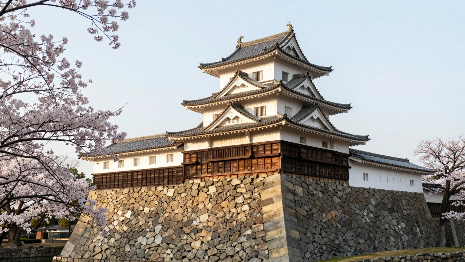 Ein japanischer Burgturm mit weißen Mauern und geschwungenen Dächern über einem Wassergraben, blühende Kirschbäume