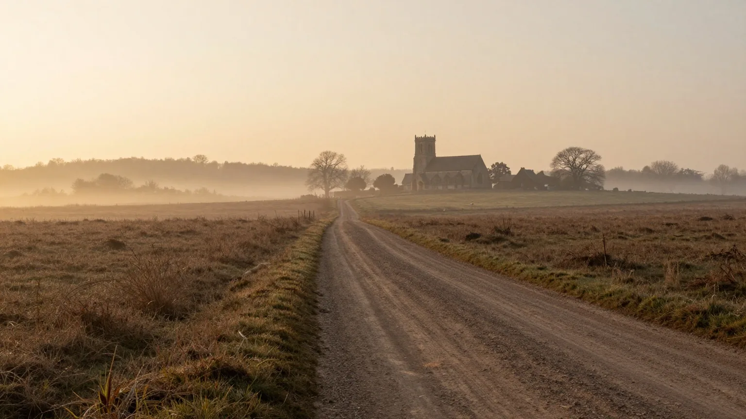 Eine weite Wiese im Morgennebel, ein Feldweg führt zu einer fernen Dorfkirche, goldenes Licht