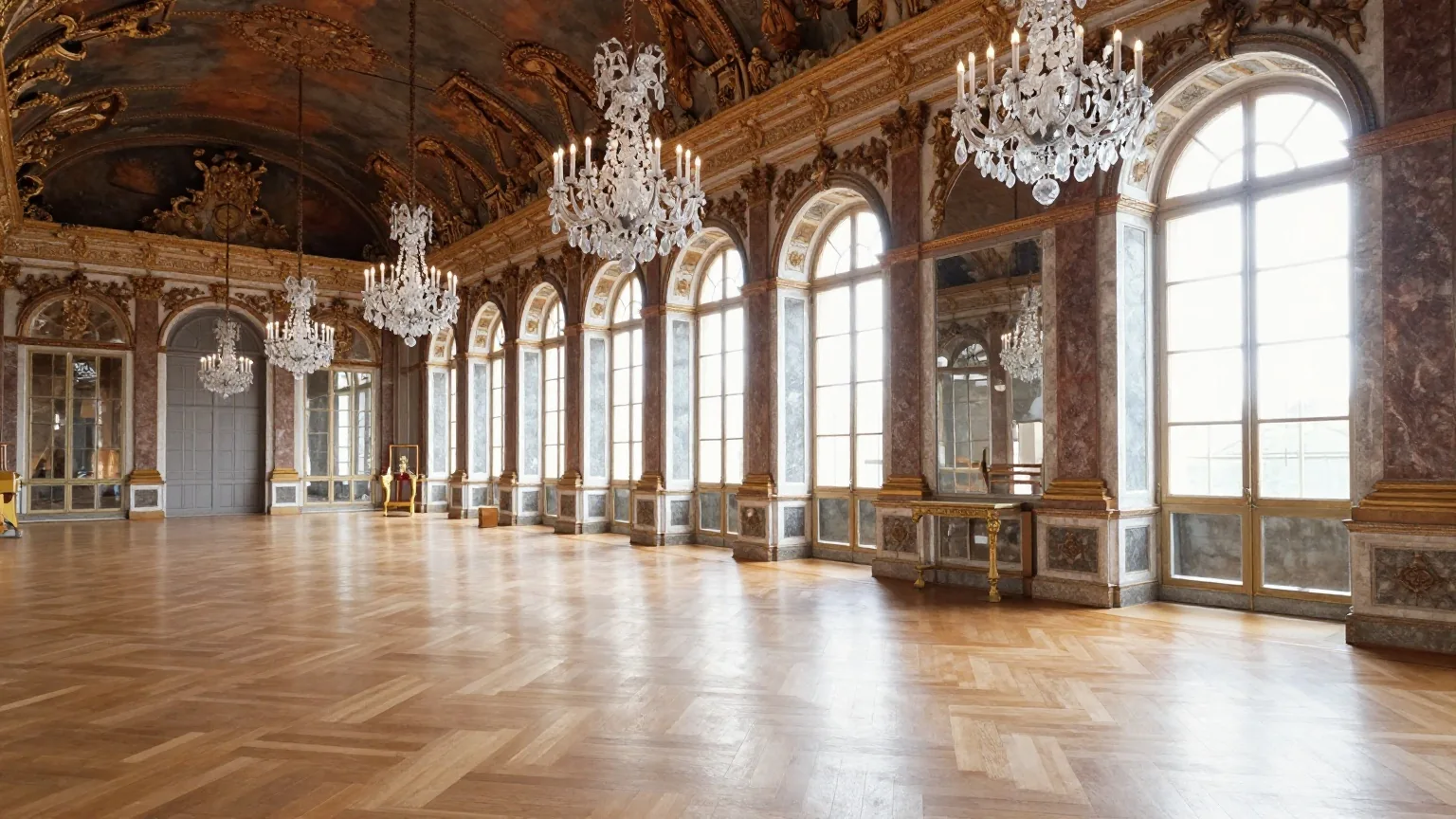 Ein langer barocker Saal mit hohen Bogenspiegeln und Kronleuchtern, leerer Parkettboden im Nachmittagslicht