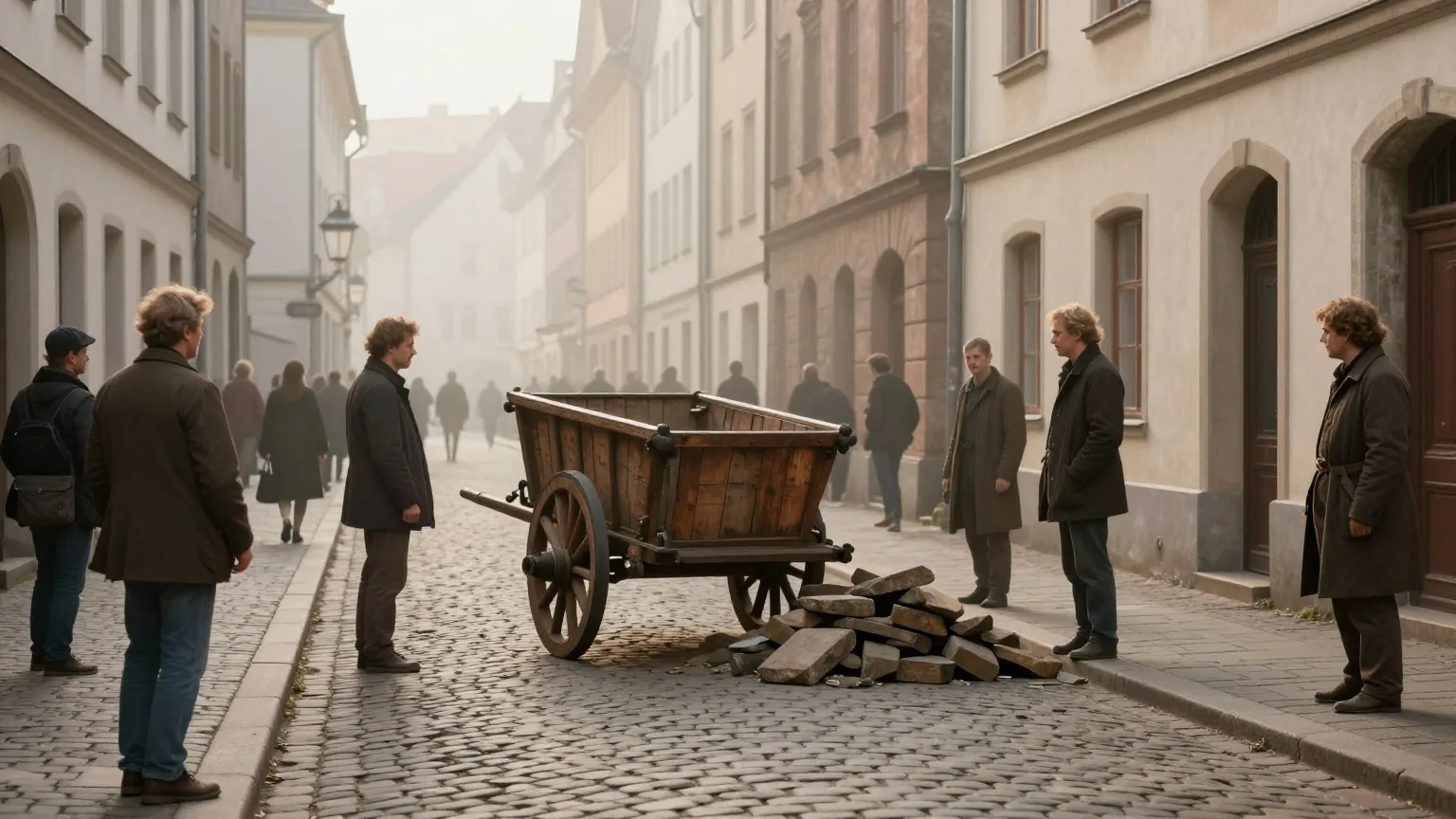 Eine enge Kopfsteinpflastergasse im Morgendunst, versperrt von einem umgestürzten Handkarren und aufgeschichteten Pflastersteinen