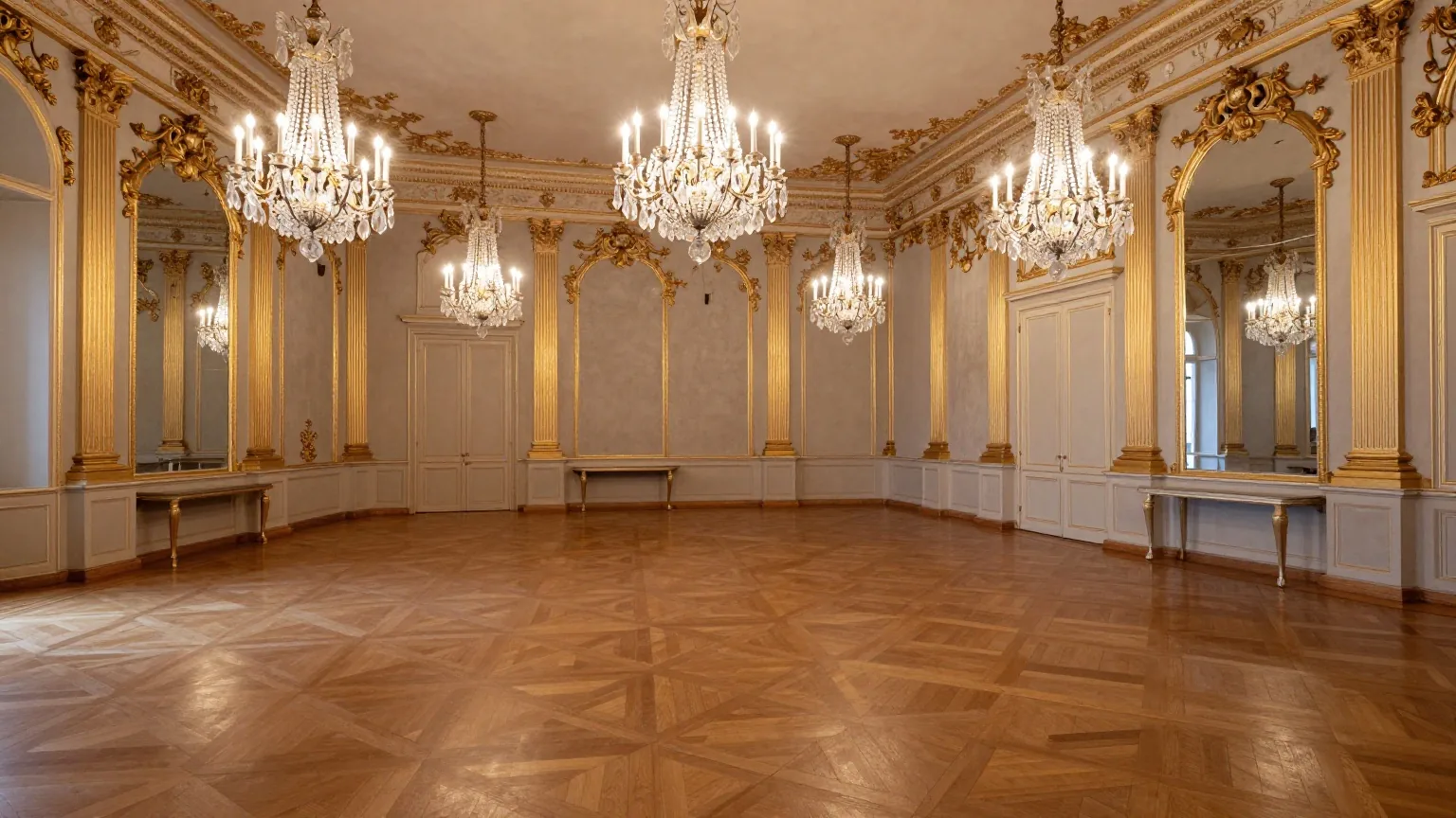 Ein leerer barocker Ballsaal in einem Wiener Palais bei Nacht mit Kronleuchtern, Parkett und vergoldetem Stuck