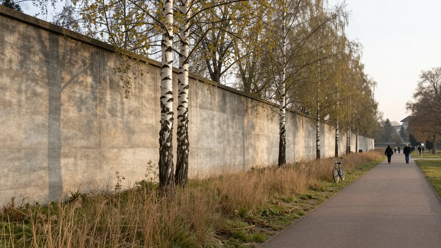 Ein langes Stück einer grauen Betonmauer in einem Stadtpark bei Sonnenaufgang, daneben Gras, junge Birken und ein Radweg