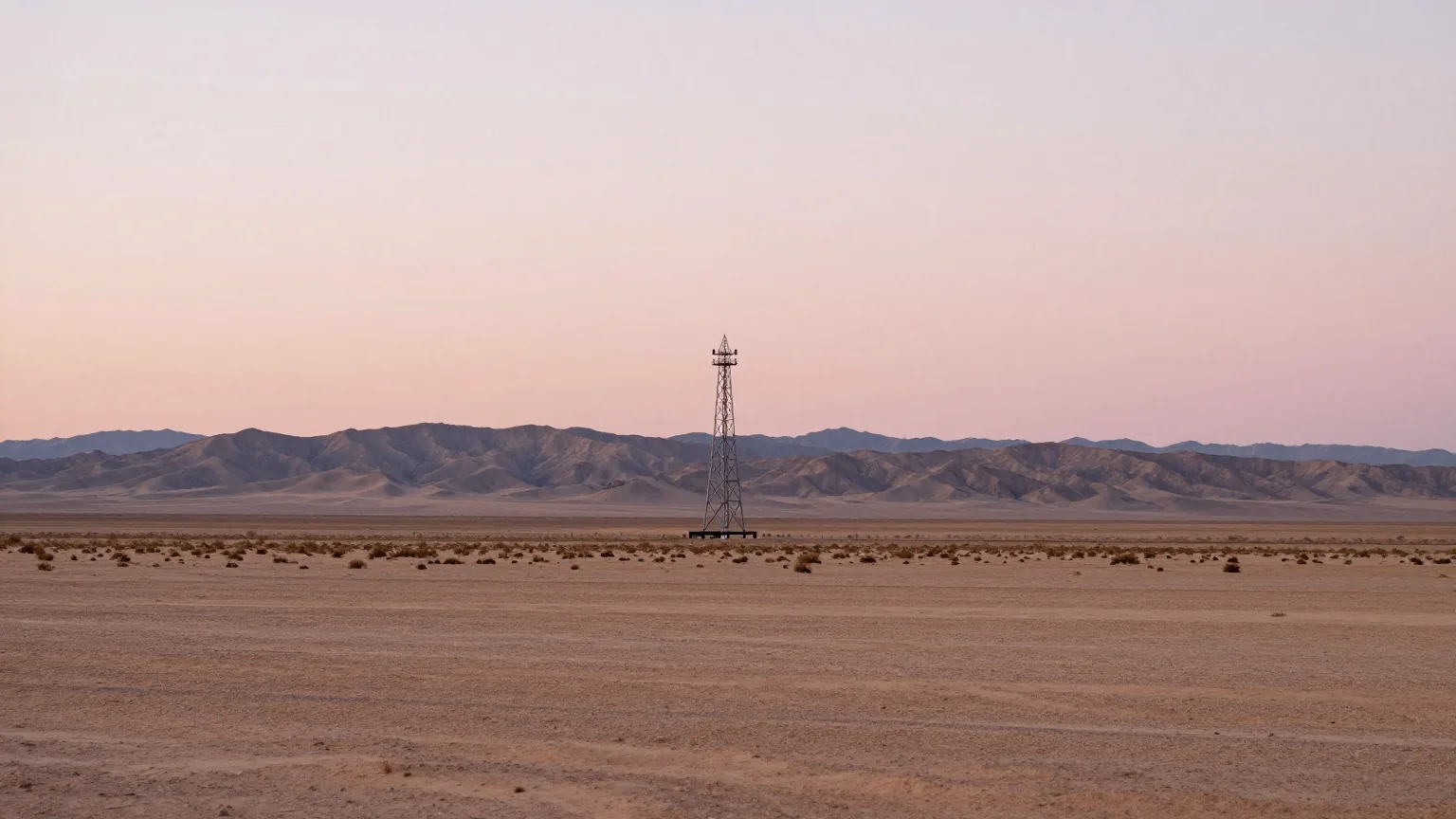 Eine weite Wüstenebene in New Mexico im Morgengrauen mit einem einzelnen Stahlgittermast in der Ferne